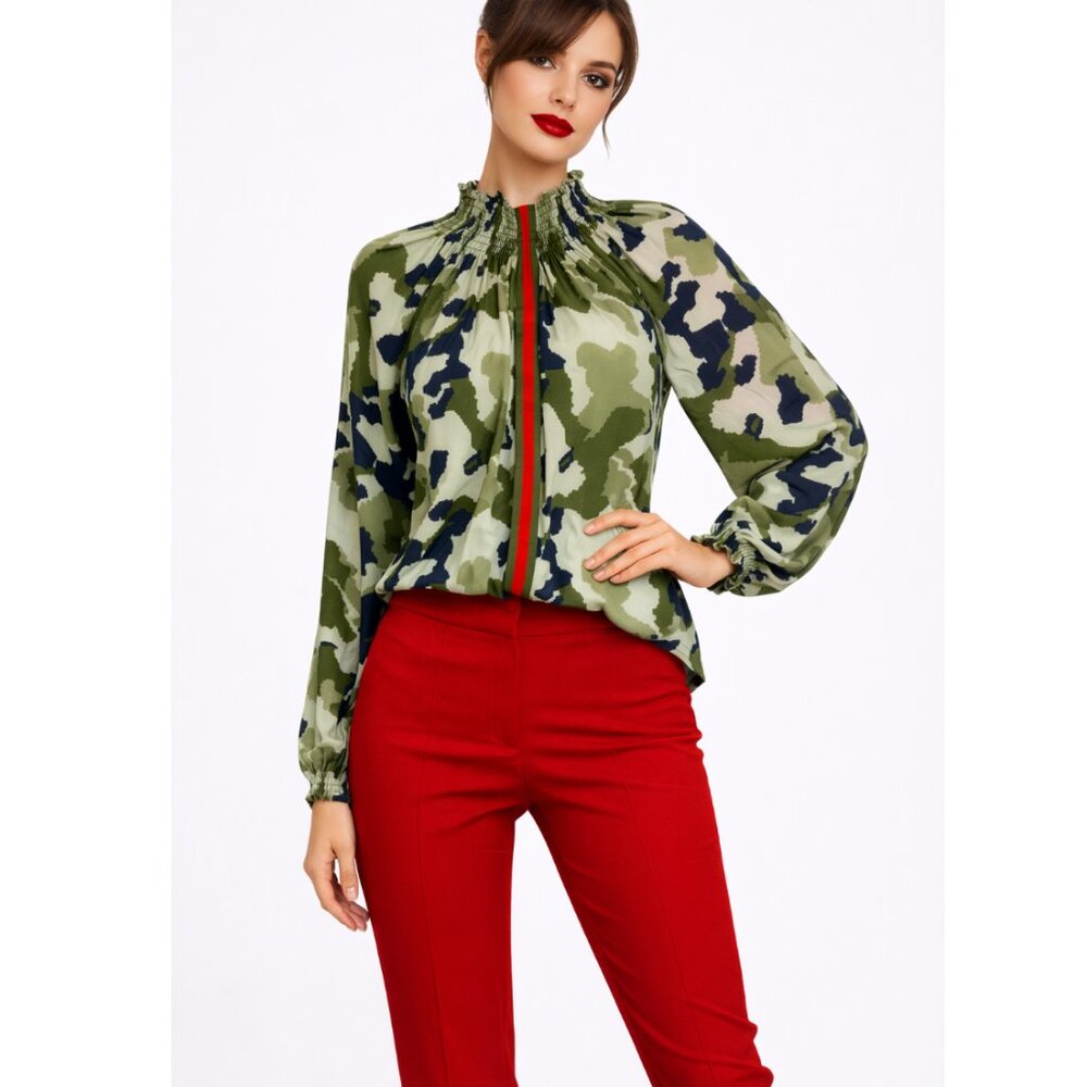 Rungolee Brooklyn Green Camo Ruffled Mock Neck Top M